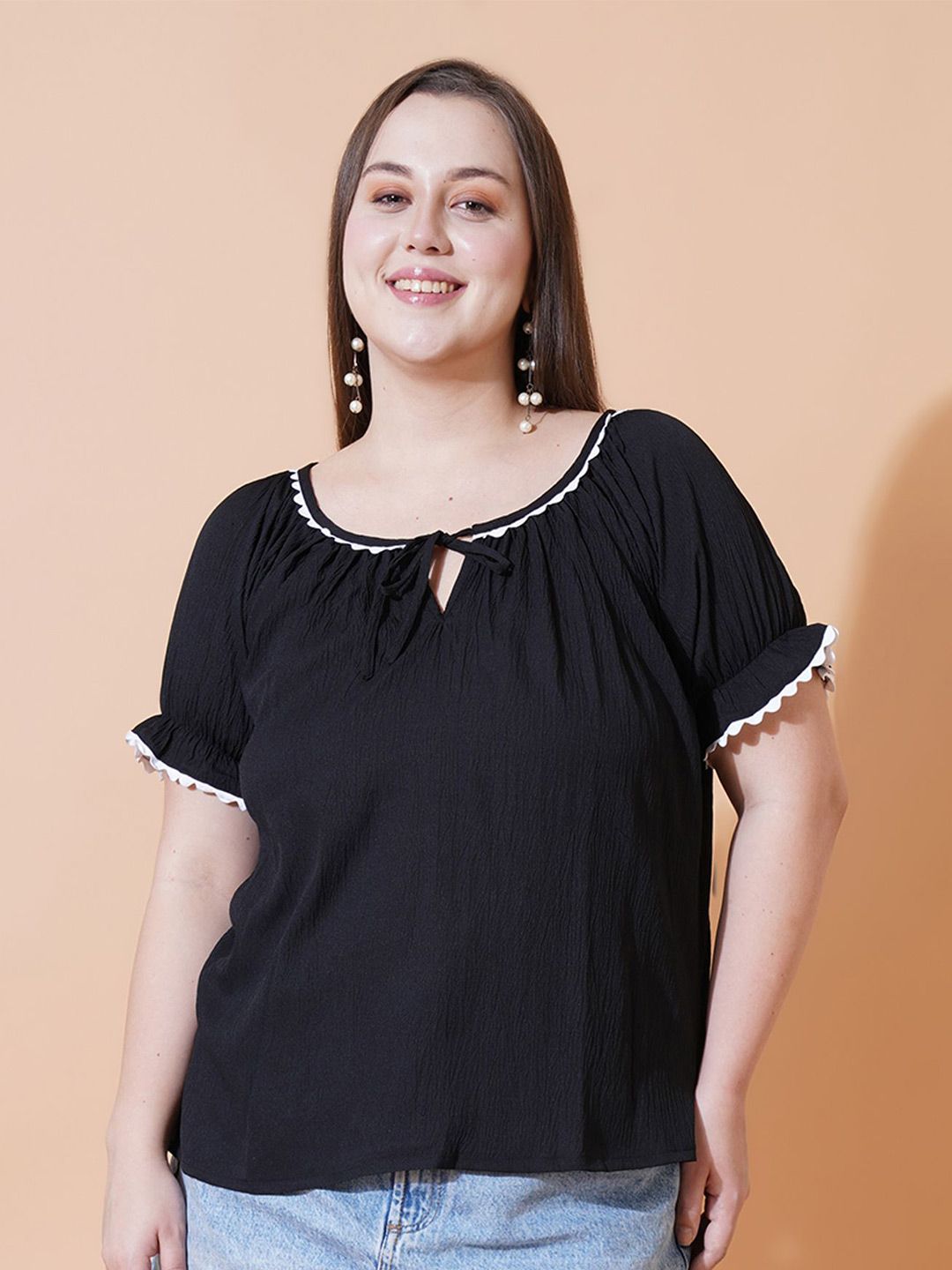 U&F Beyond Women Tie-Up Neck Puff Sleeve Crepe Top-picture-37