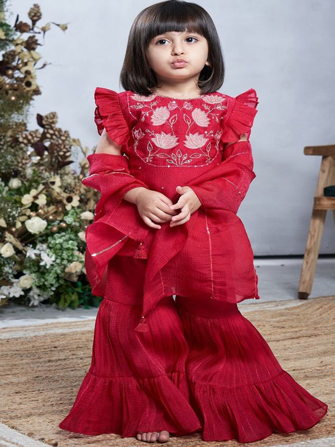 Vivedkids Girls Floral Embroidered Regular Thread Work Kurti with Sharara & With Dupatta-picture-35
