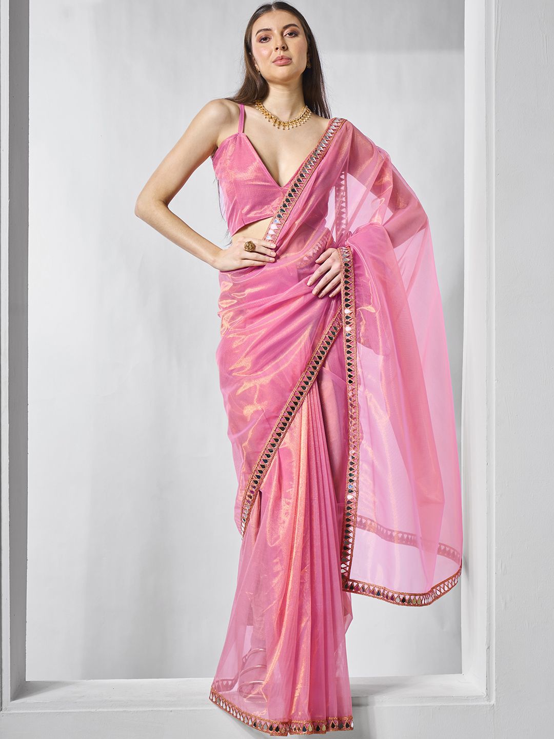 Mitera Beads and Stones Mirror Work Organza Saree-picture-52