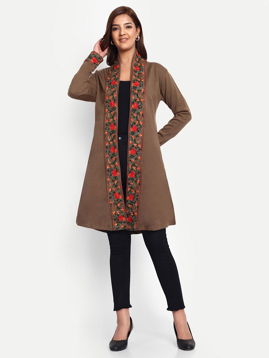 HAUTEMODA Embroidered Longline Open Front Woollen Shrug-picture-52