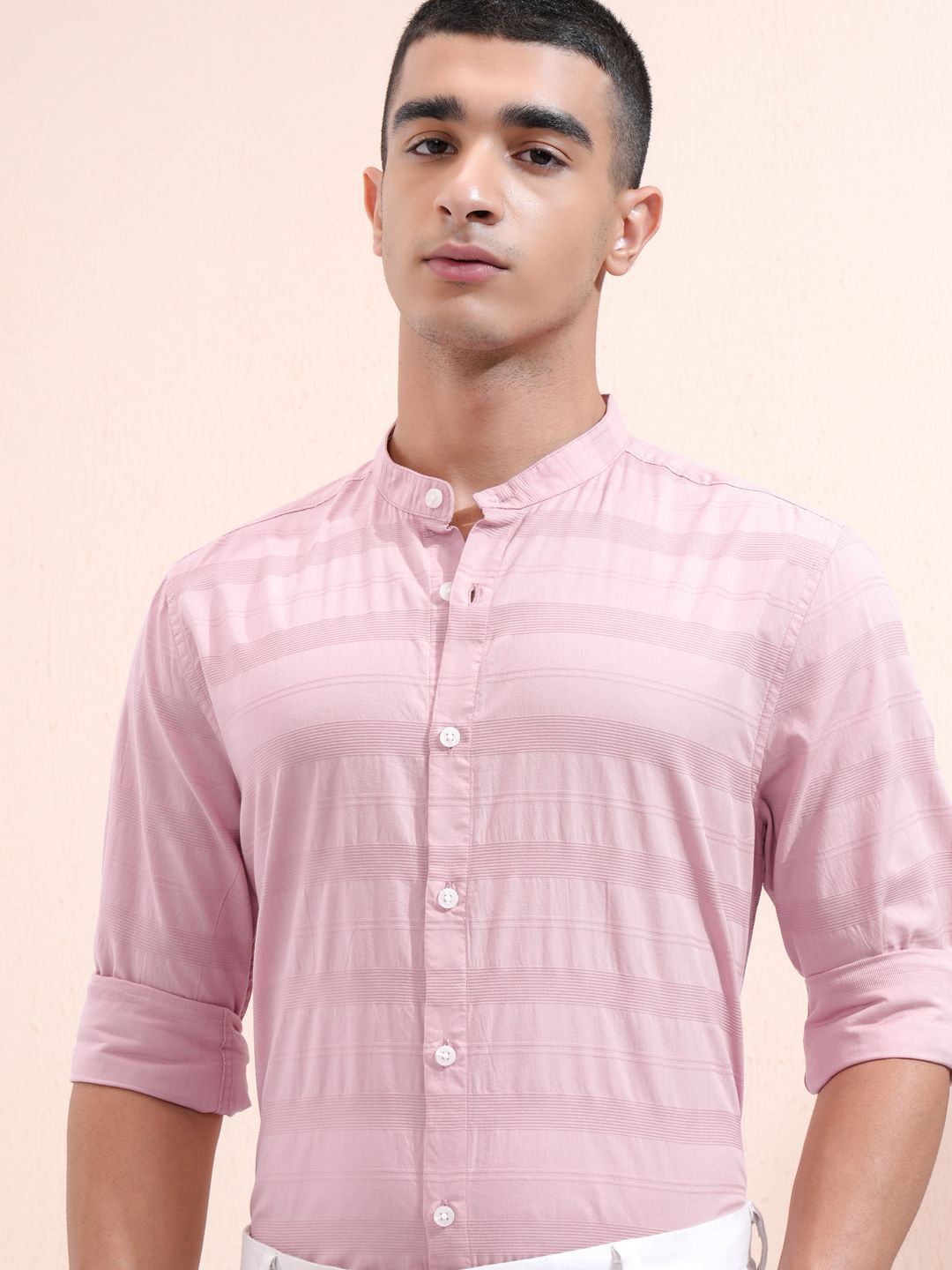 HIGHLANDER Men Band Collar Horizontal Striped Cotton Casual Shirt-picture-36