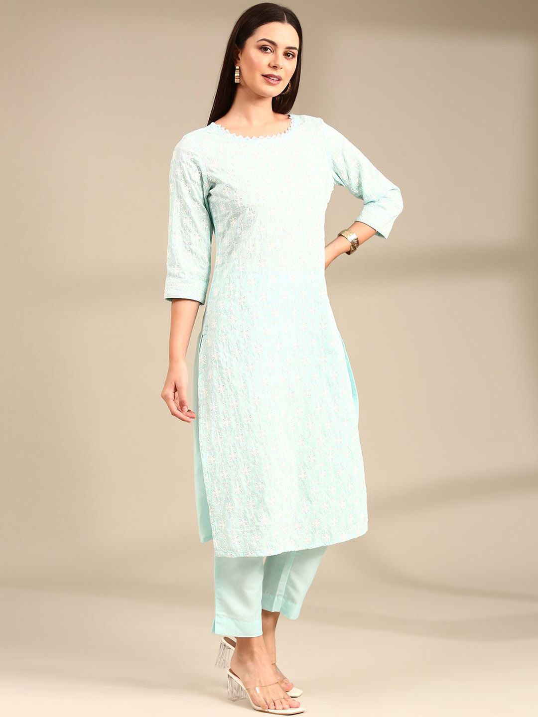 Women's Straight Olive Floral Kurta Sets with Trousers & Dupatta