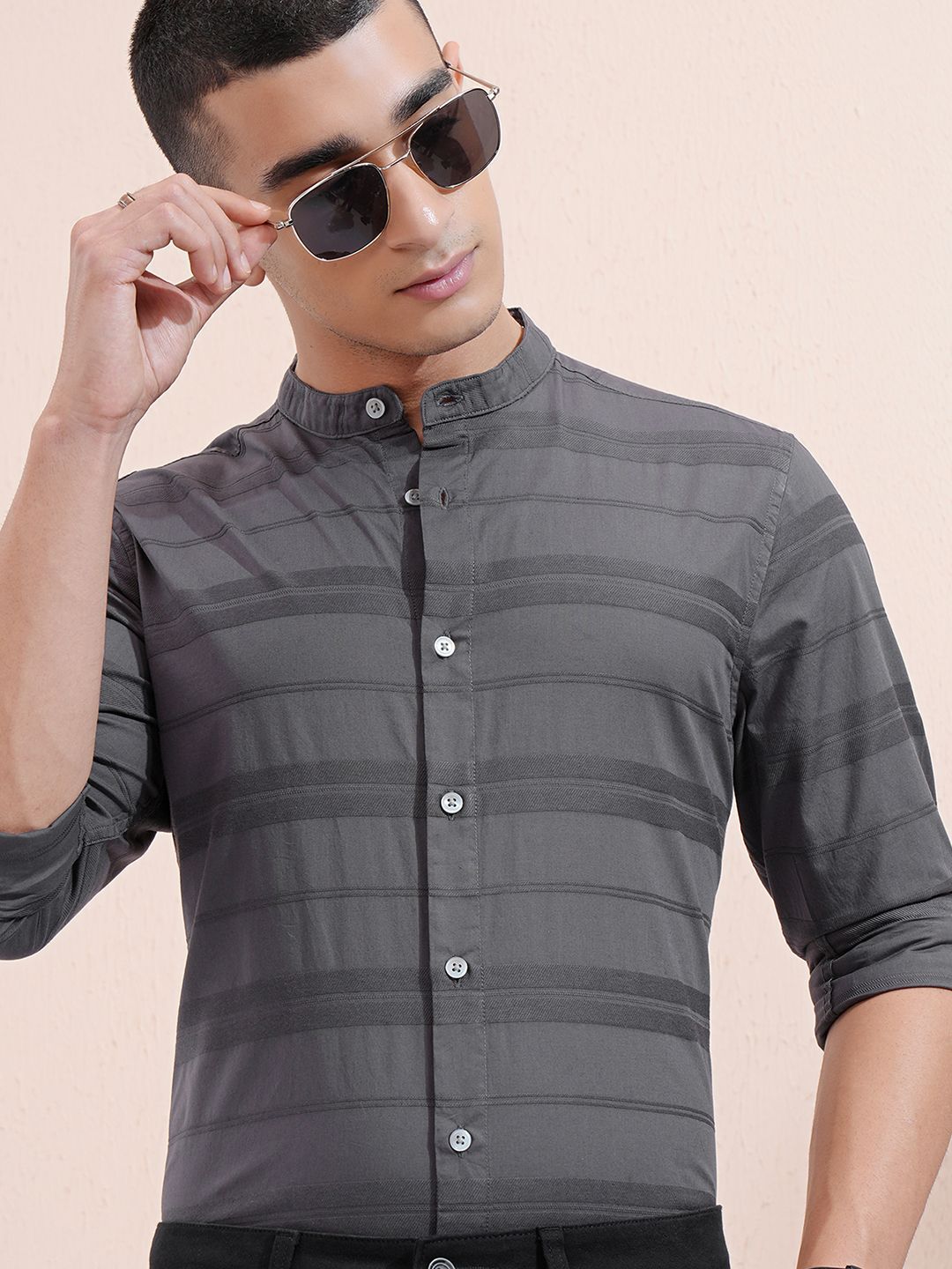 HIGHLANDER Men Band Collar Horizontal Striped Cotton Casual Shirt-image-33