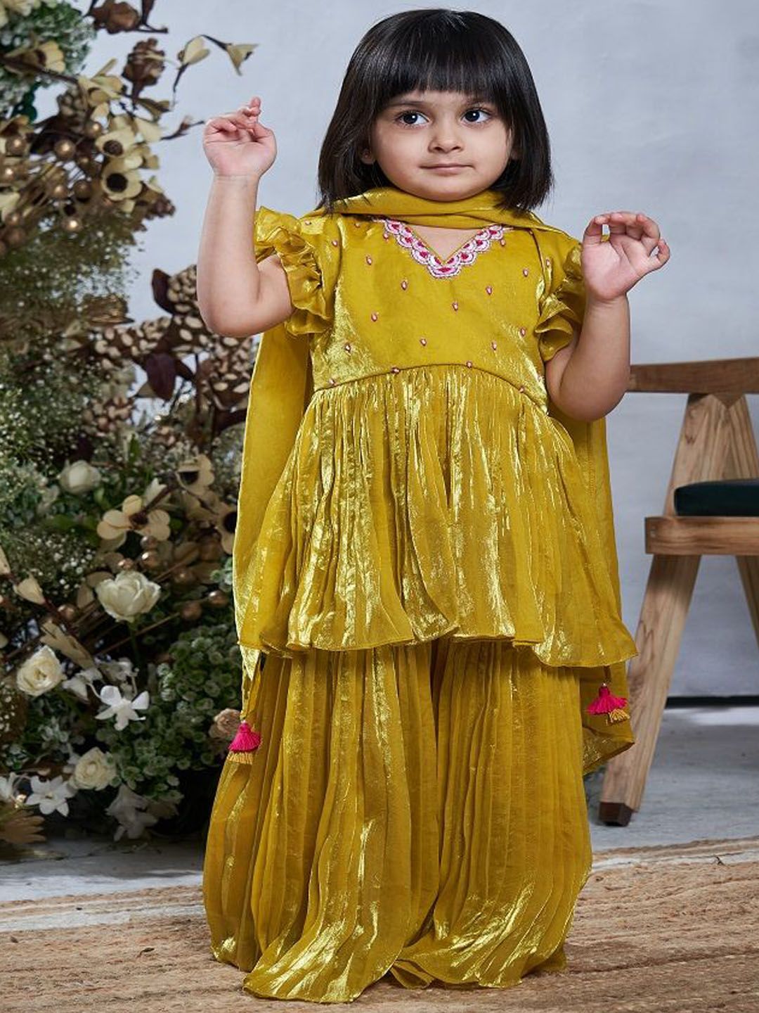 Vivedkids Girls Ethnic Motifs Embroidered Regular Thread Work Kurta with Sharara & With Dupatta-picture-42