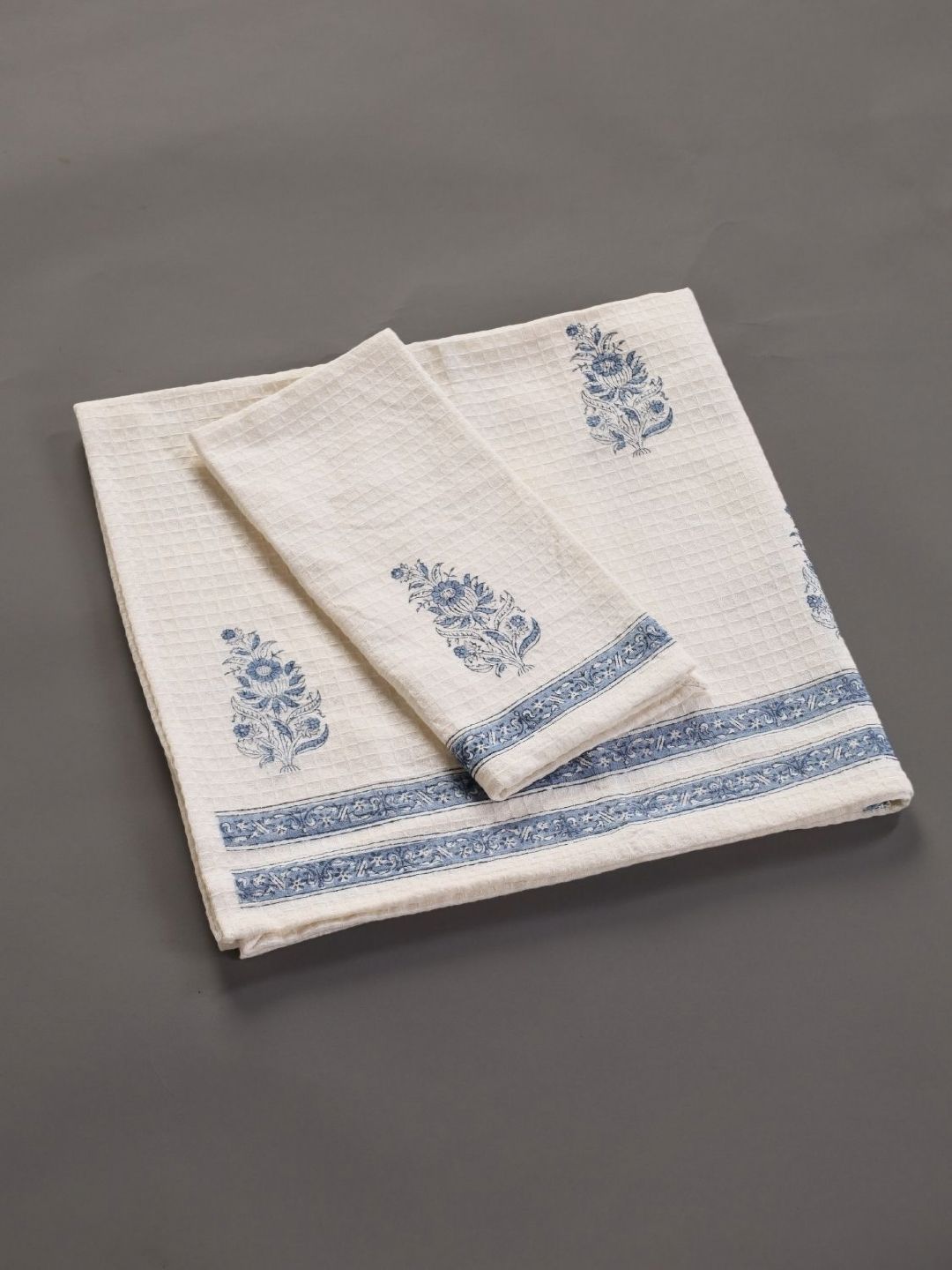 peepul tree Peepul TreePiece of 2 Off White & Blue Block Printed Cotton Hand & Bath Towel Set-picture-21