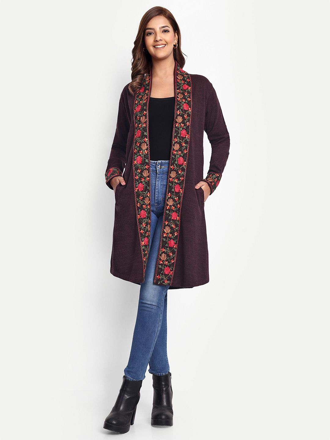 HAUTEMODA Embroidered Longline Open Front Woollen Shrug-picture-22