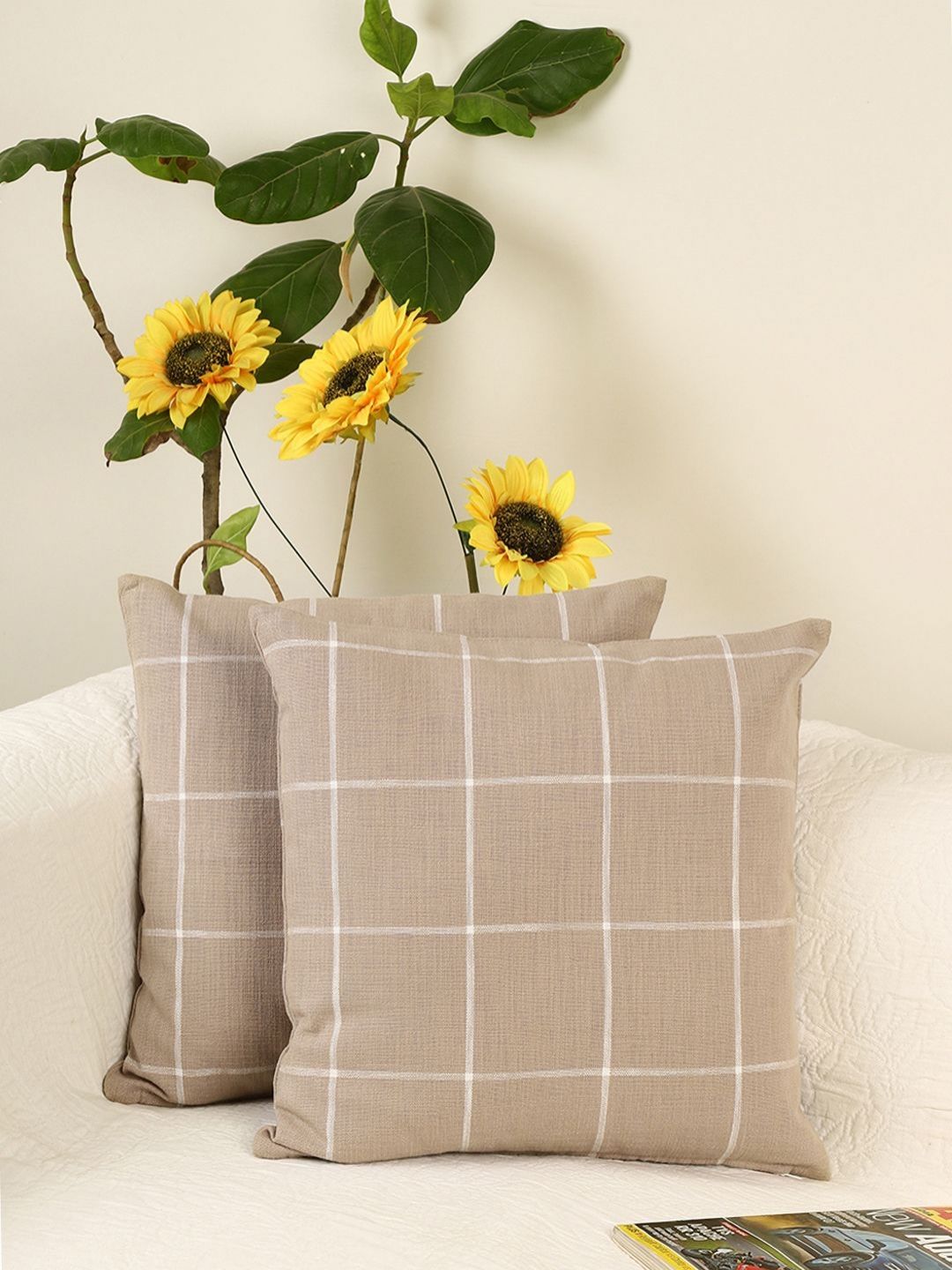 Jamio Firati Beige and White 2 Pieces Geometric Printed Cotton Square Cushion Covers-image-21