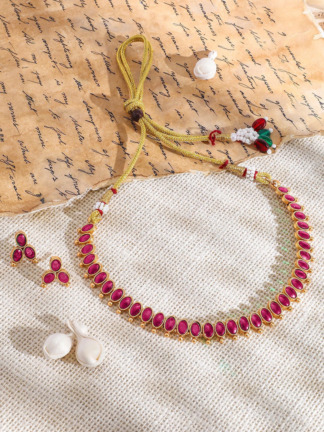 Rubans 18K Gold-Plated Ruby Pink Studded Traditional Necklace Set-picture-27