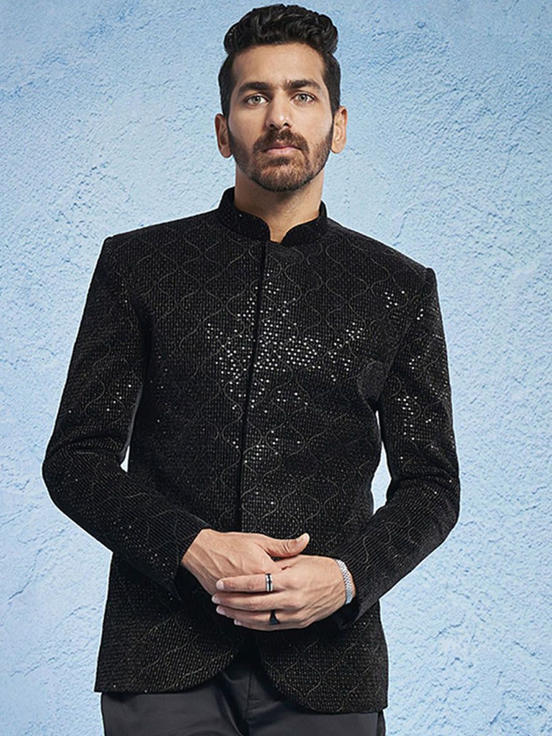 VASTRAMAY Embroidered Sequinned Mandarin Collar Slim-Fit Velvet Bandhgala Blazers