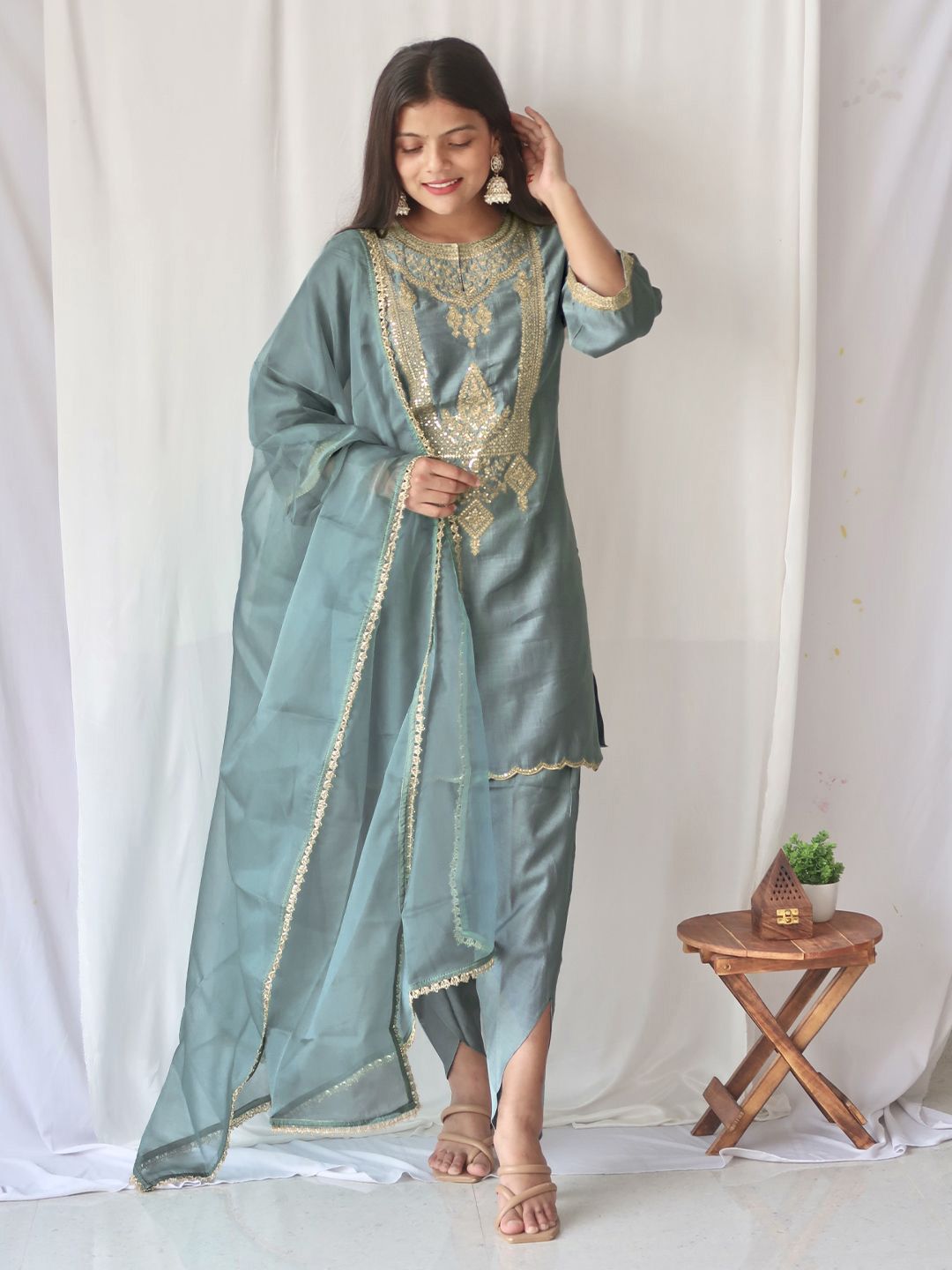 Janasya Paisley Straight Kurta with Dhoti Pants & With Dupatta