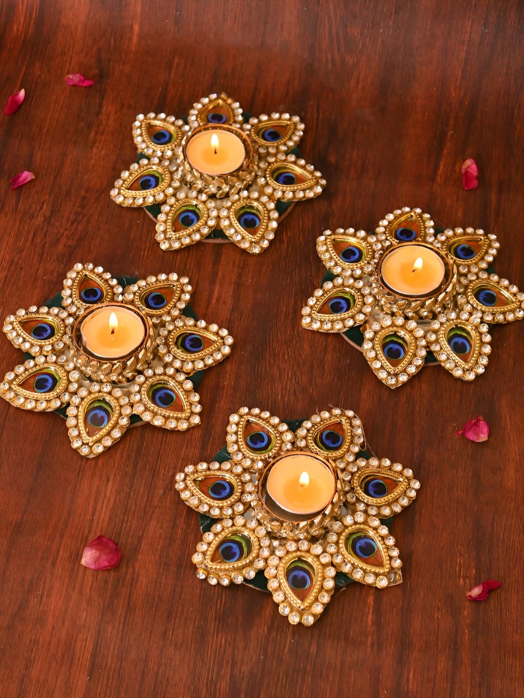 Aapno Rajasthan GoldToned and Blue 4 Pieces Metal  Pecock feather Textured Candles-image-48