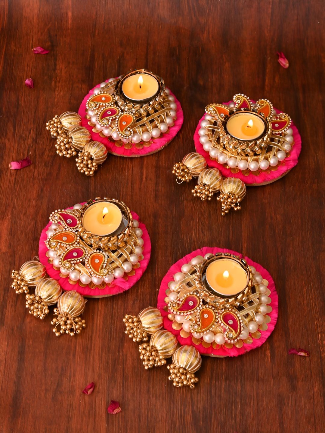 Aapno Rajasthan Pink & Gold Toned 4 Pieces Embellished Metal Tea Light Candles-picture-37