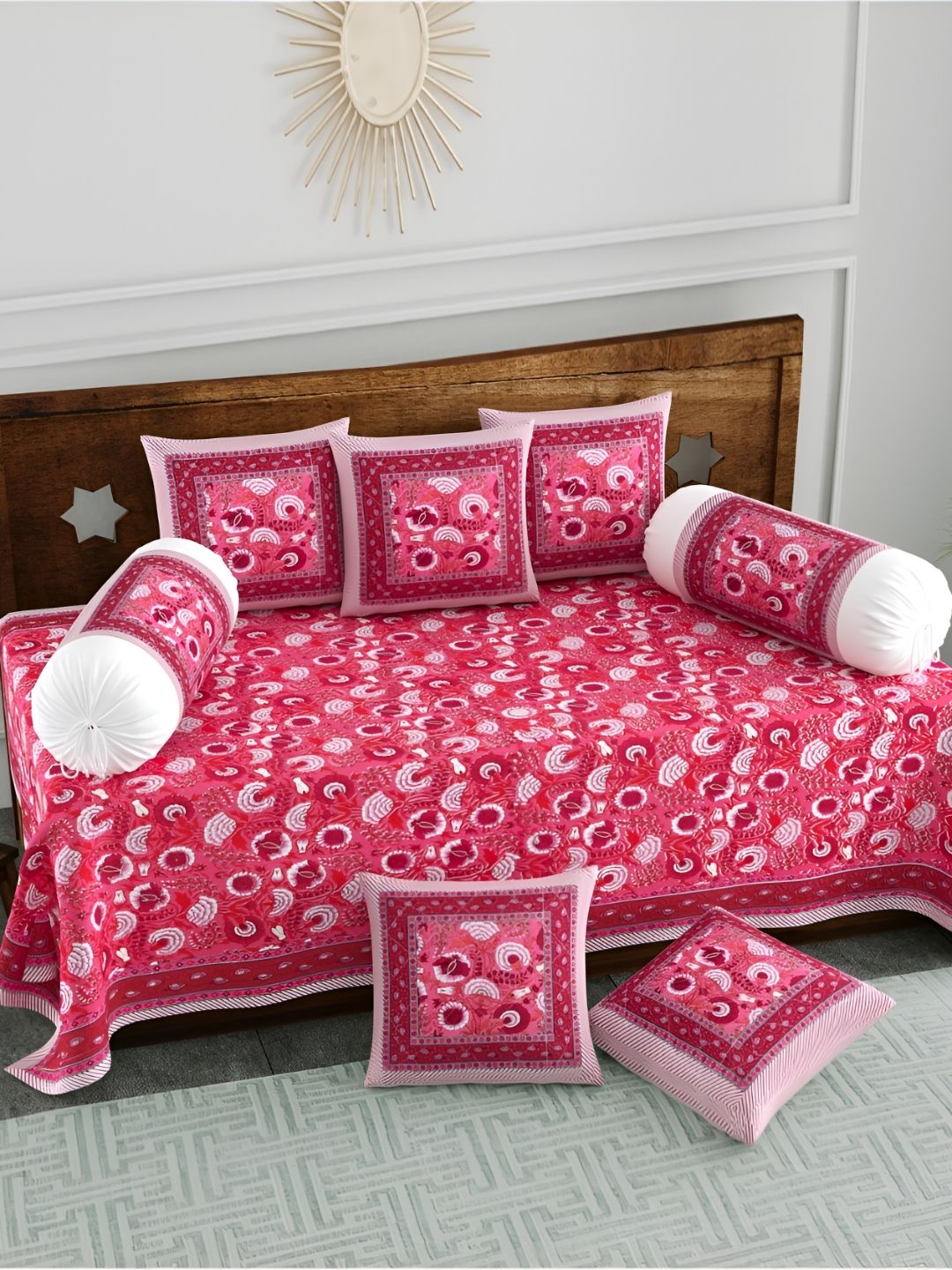 The Craft Monk Maroon & White 8 Pieces Printed Pure Cotton Diwan Set-image-10