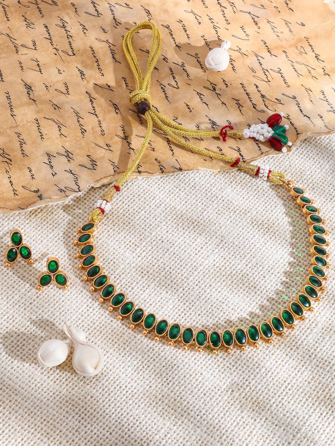Rubans 18K Gold-Plated Emerald Studded Traditional Necklace Set-picture-15