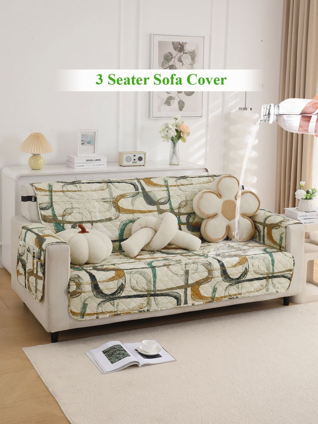 HOKIPO Beige & Green Abstract Printed Waterproof 3 Seater Sofa Cover With Arms-picture-33