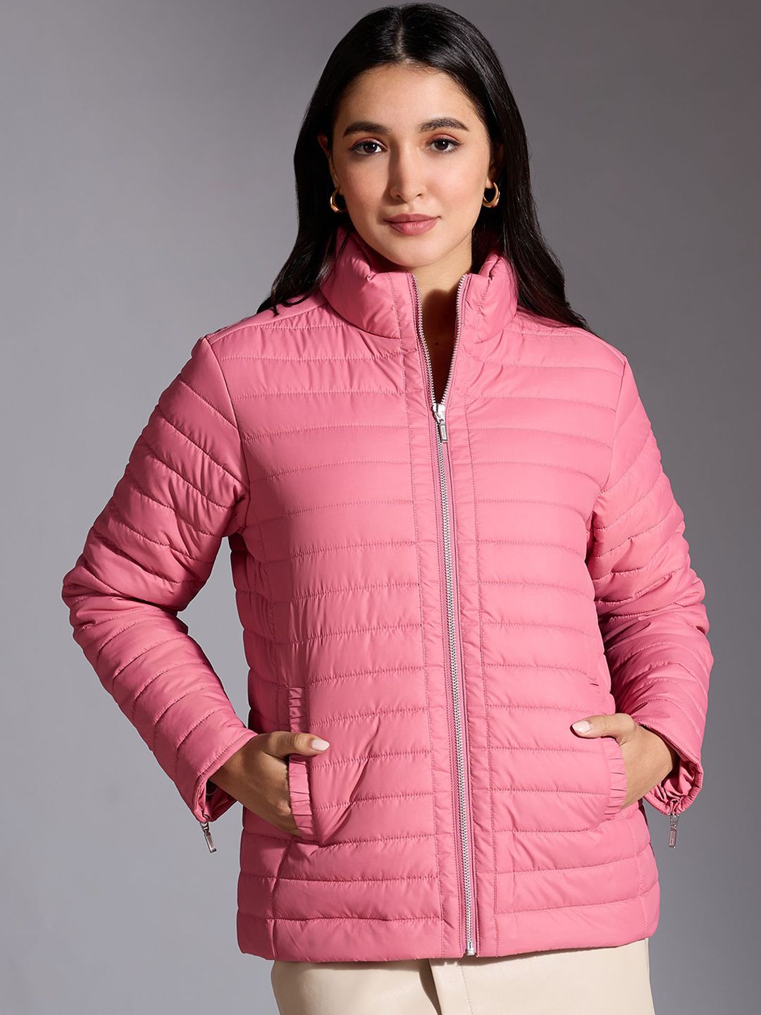 20Dresses Mock Collar Solid Casual Quilted Puffer Jacket