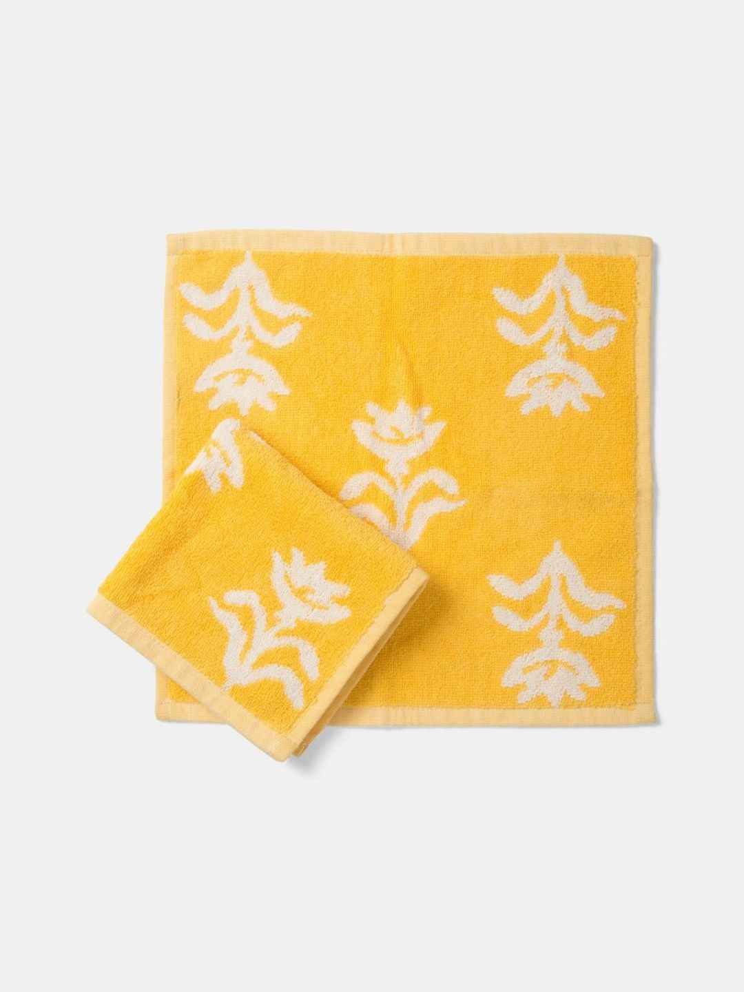 Fabindia Yellow & White 2 Pcs Floral Printed Cotton Face Towels