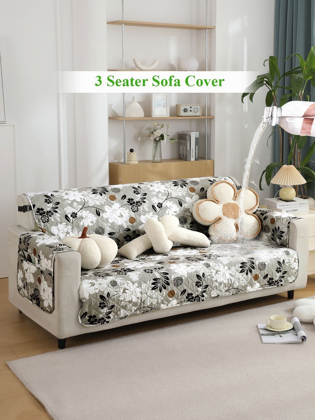 HOKIPO Brown & Grey Floral Printed Waterproof 3 Seater Sofa Cover With Arms-image-45