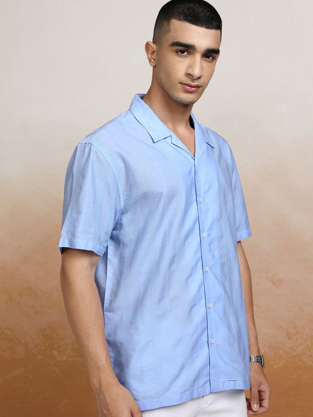 HIGHLANDER Men Cuban Collar Vertical Striped Cotton Relaxed Fit Casual Shirt-image-33