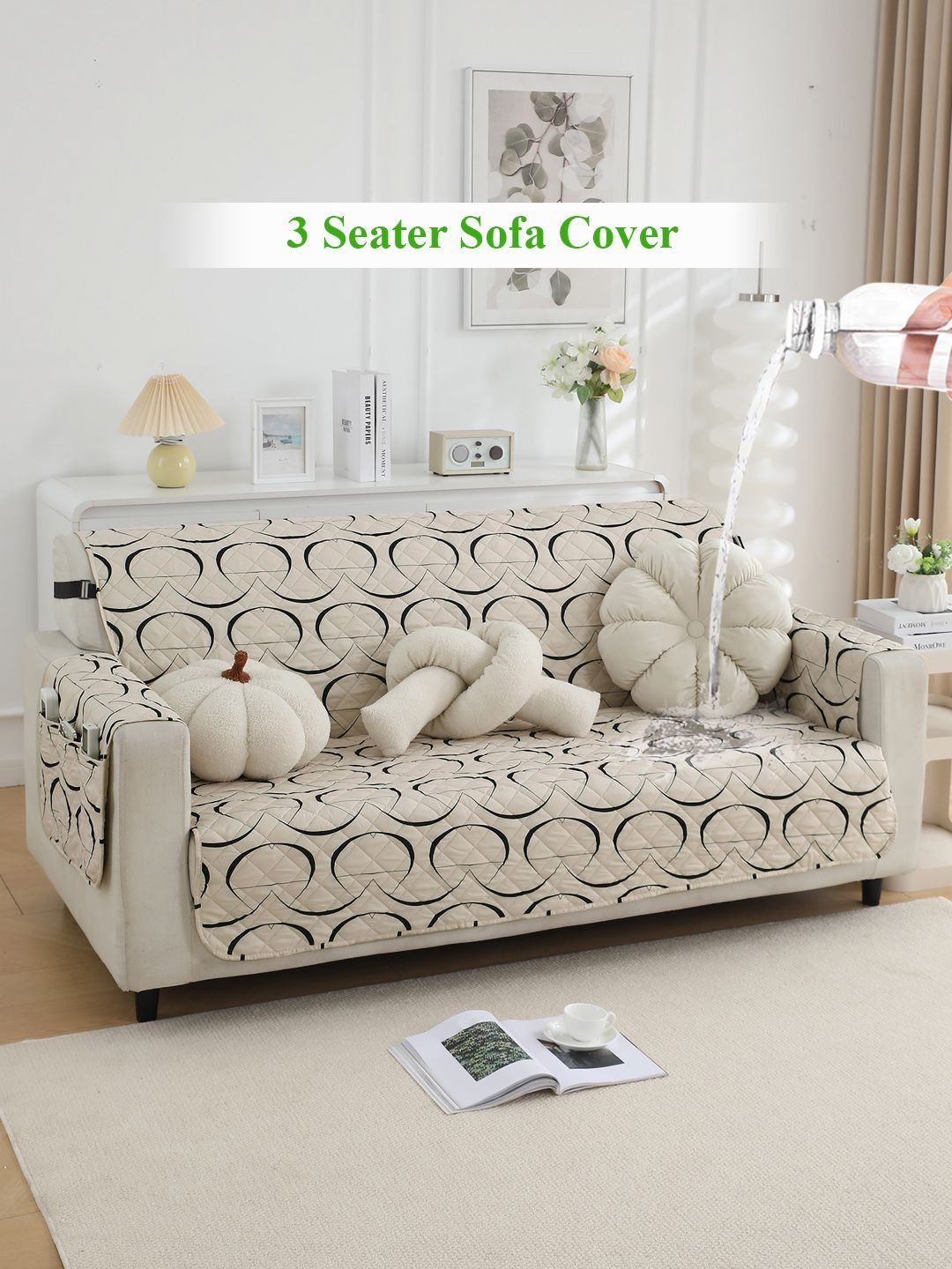 HOKIPO Beige & Black Geometric Printed Waterproof 3 Seater Sofa Cover With Arms-image-19