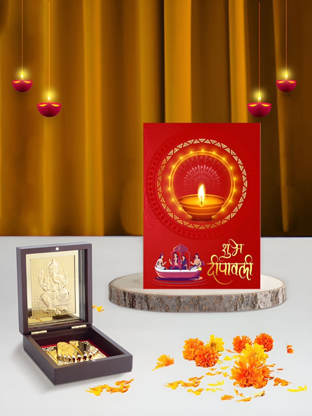 Golden Peacock Red Greetings Card With Shree Ganeshay Namah Pooja Box Diwali Gift Hamper-image-9
