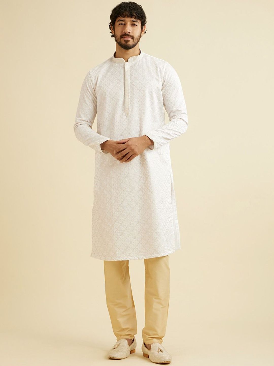 Manyavar Floral Embroidered Straight Thread Work Satin Kurta with Pyjamas-picture-10