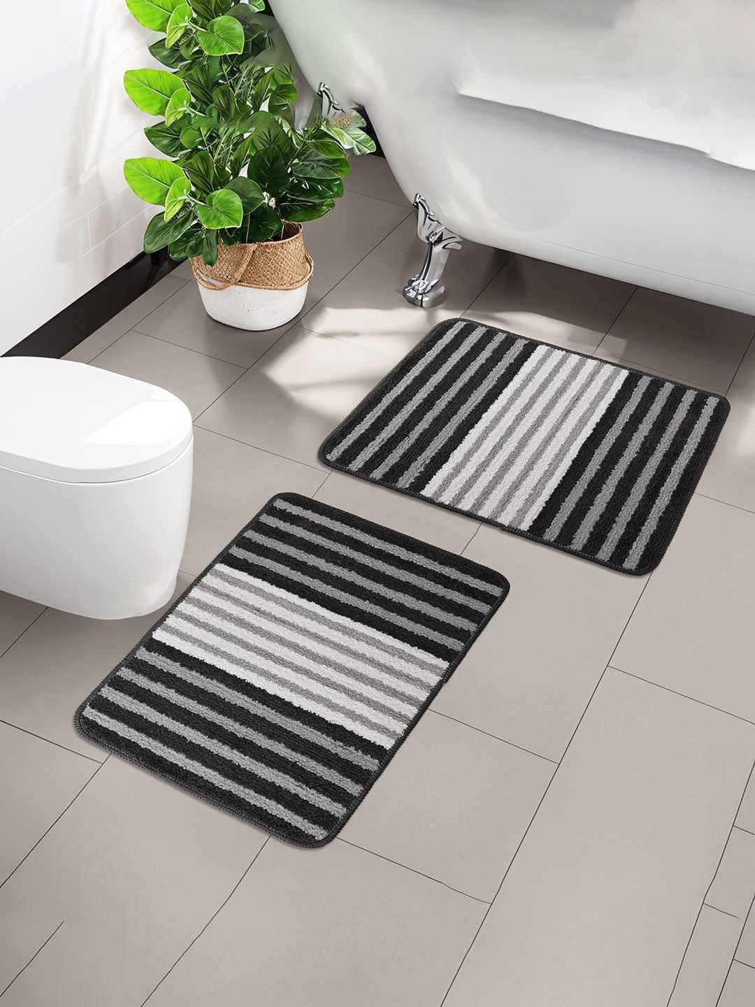 Kuber Industries Grey & Black 2 Pieces Striped Microfiber Anti-Skid Doormats-image-47