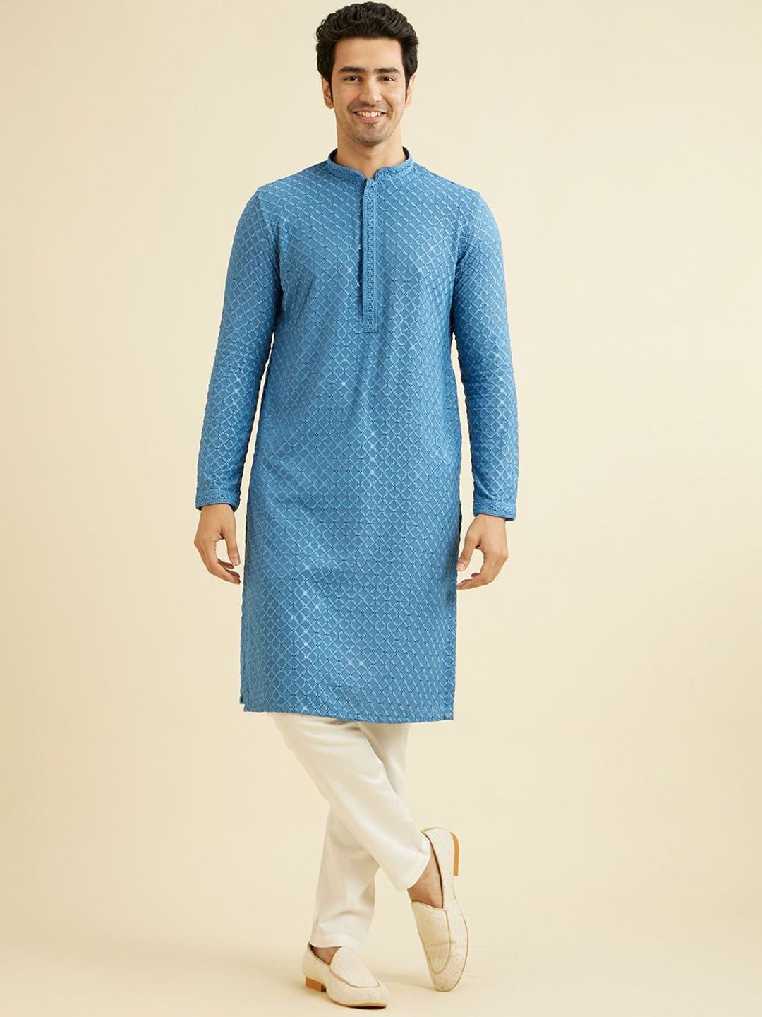 Manyavar Embroidered Straight Chikankari Kurta with Pyjamas-picture-27