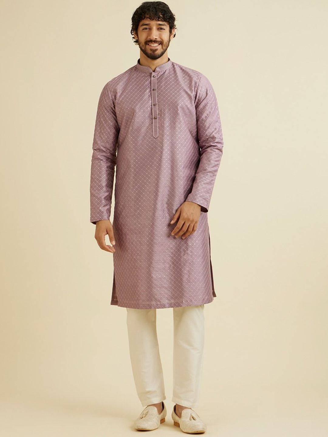 Manyavar Checked Embroidered Sequinned Mandarin Collar Straight Kurta With Trousers-picture-22