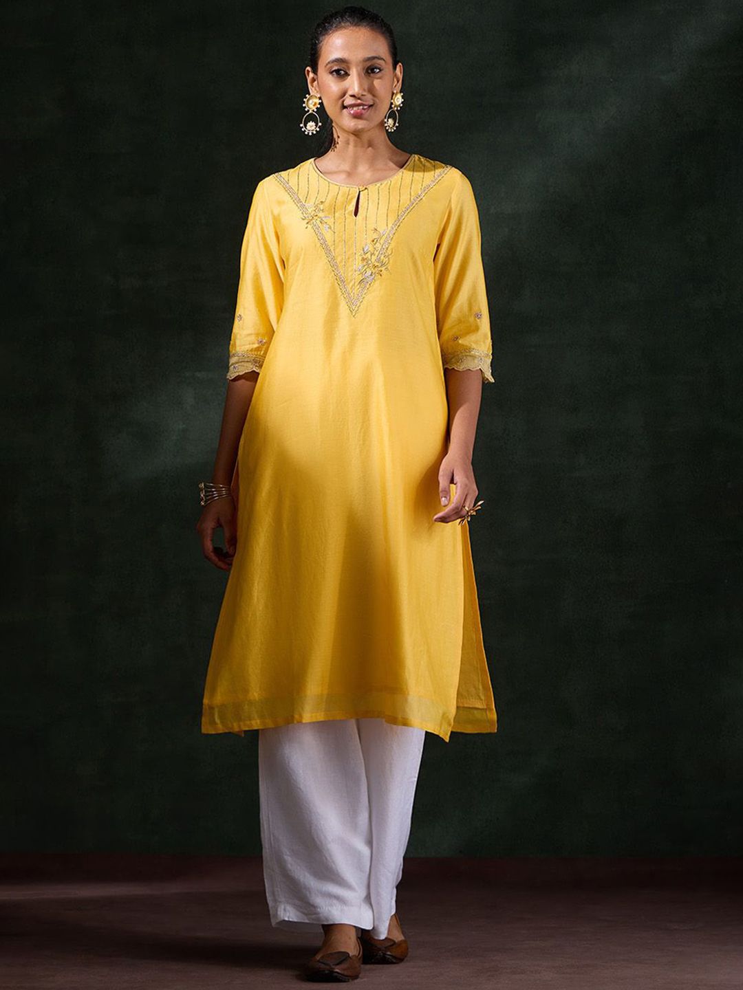 Taneira Floral Embroidered Thread Work Pure Silk Straight Kurta-picture-19