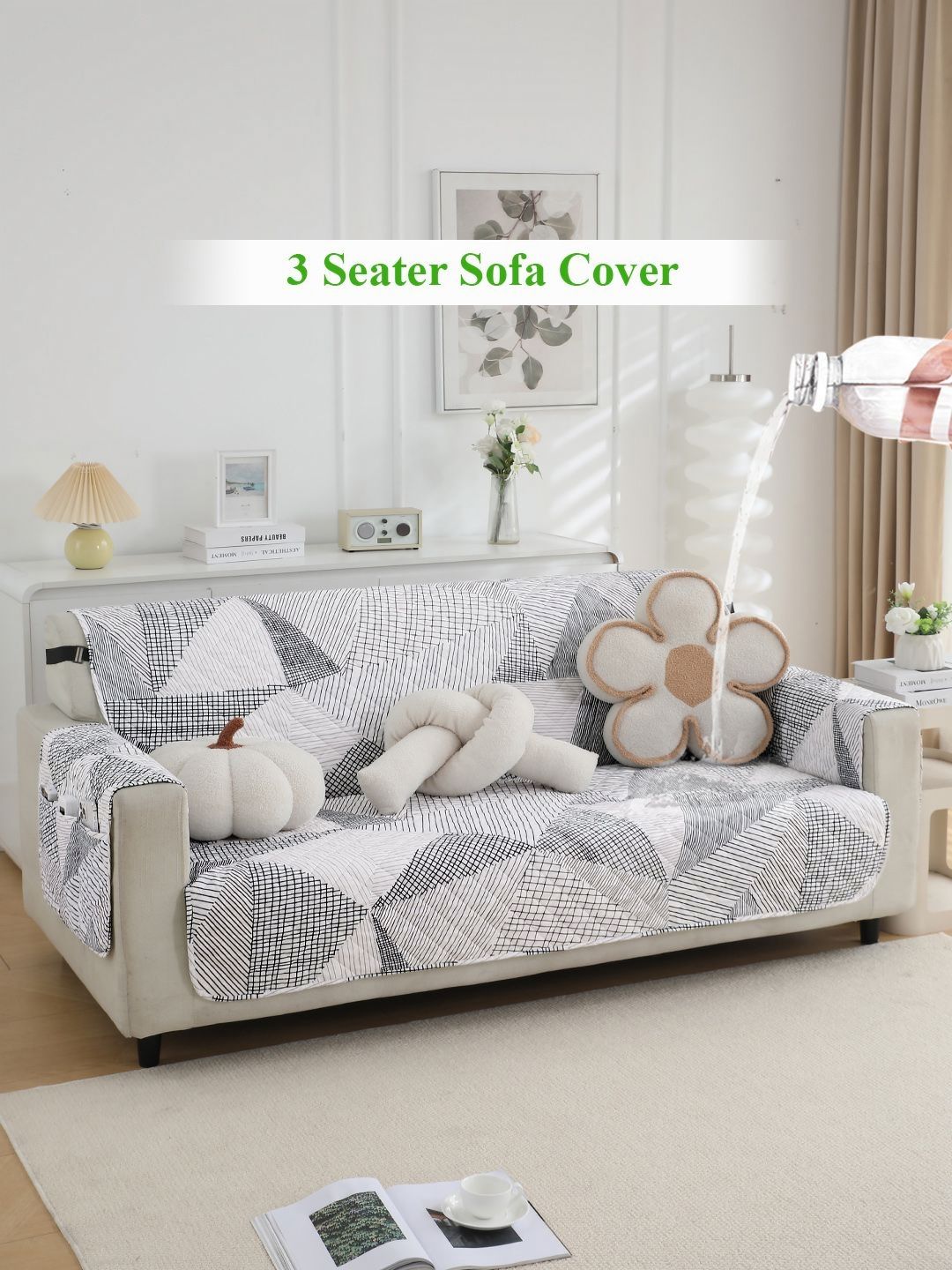 HOKIPO White & Grey Geometric Printed Waterproof 3 Seater Sofa Cover With Arms-picture-29