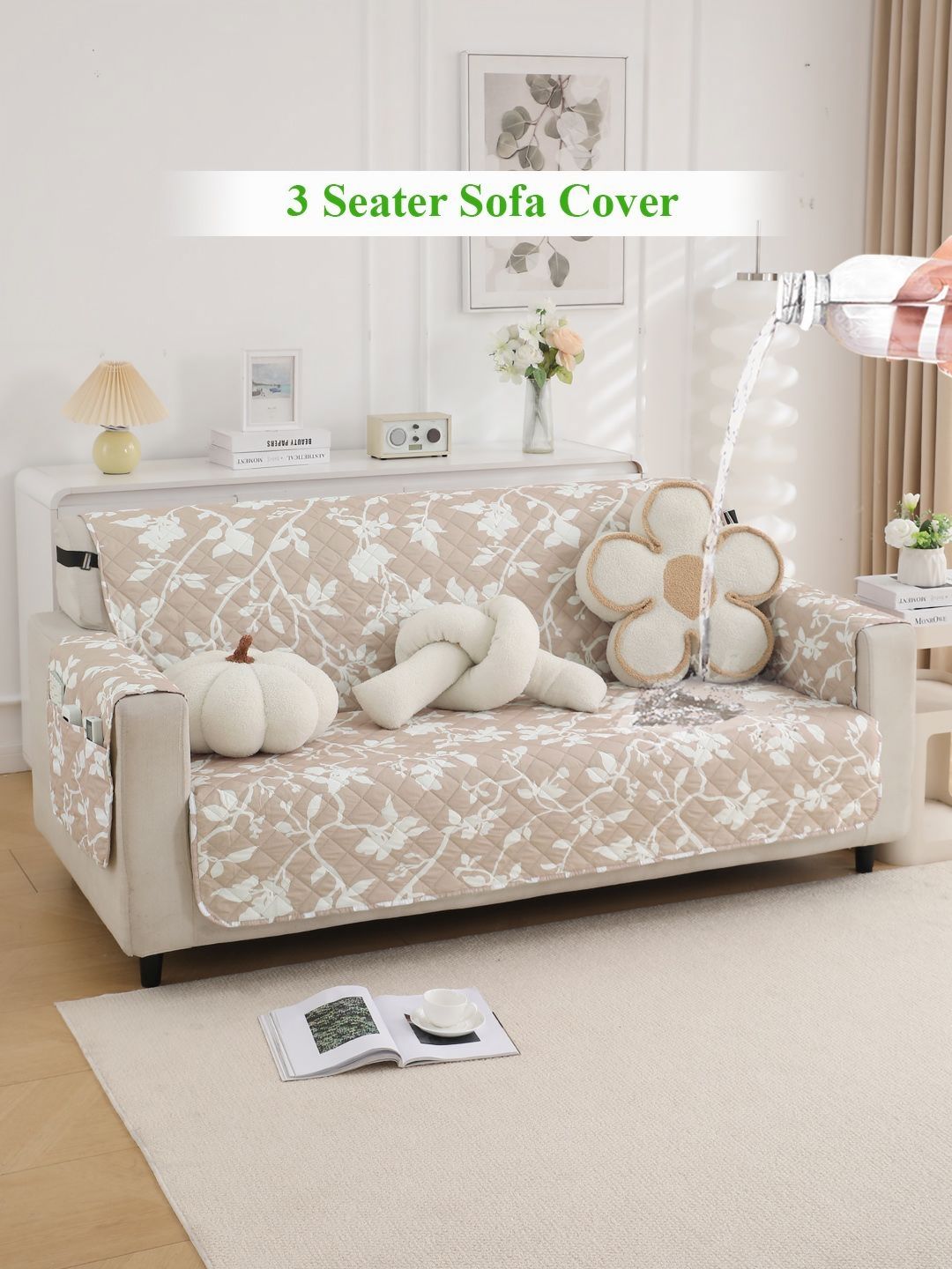 HOKIPO Brown & White Floral Printed Waterproof 3 Seater Sofa Cover With Arms-picture-37