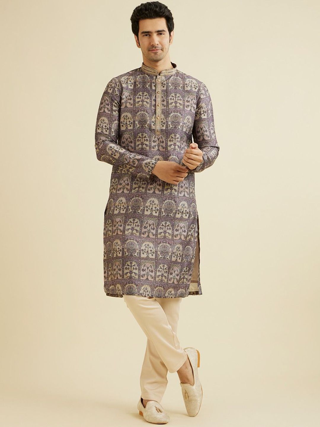 Manyavar Ethnic Motifs Printed Mandarin Collar Straight Kurta With Trousers-picture-23
