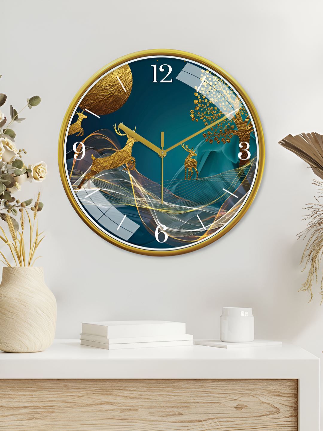 RANDOM Gold-Toned & Green Printed Contemporary Wall Clock