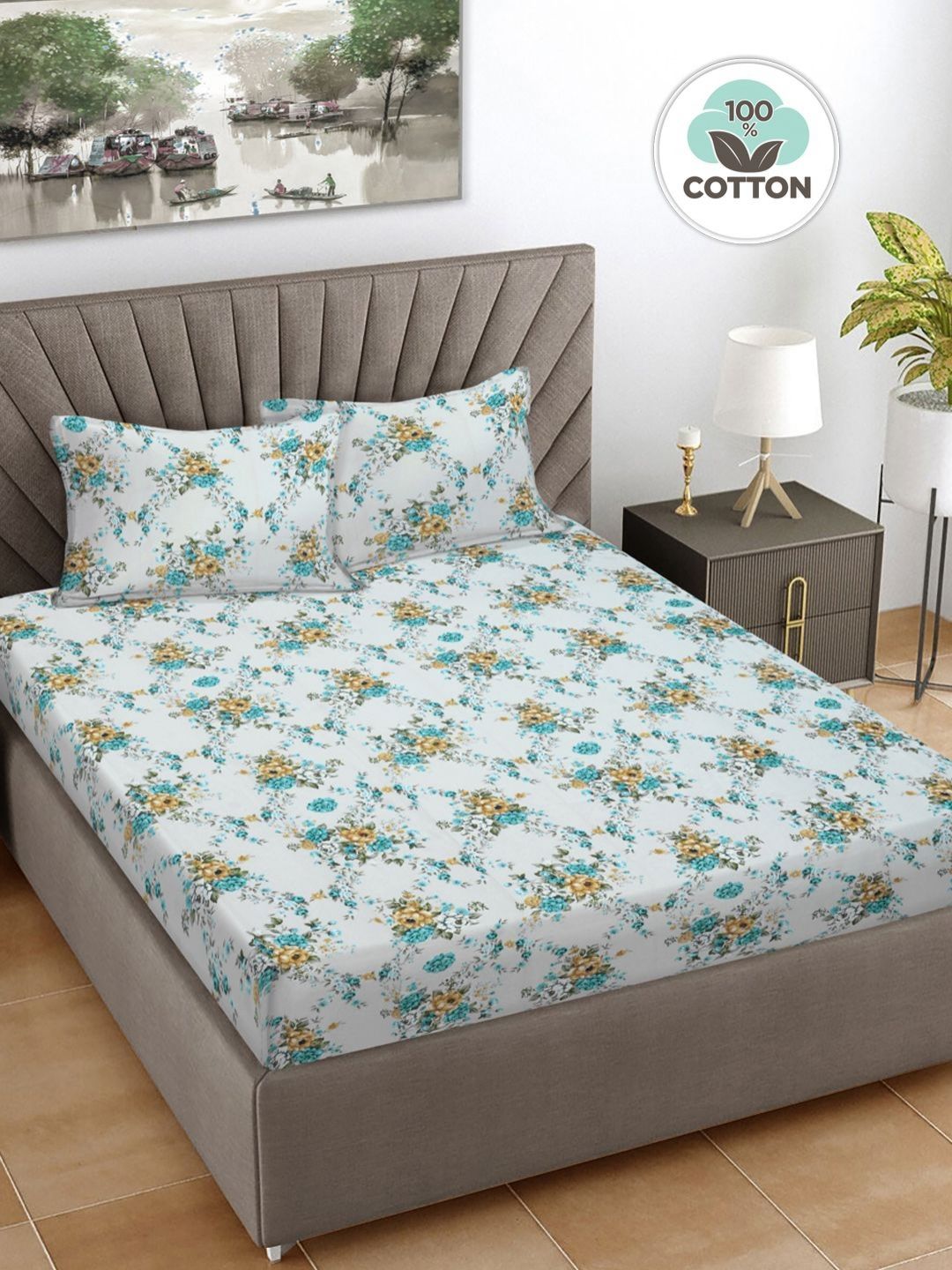 FABINALIV Turquoise Blue & Mustard Floral 300 TC King Bedsheet with 2 Pillow Covers-picture-14