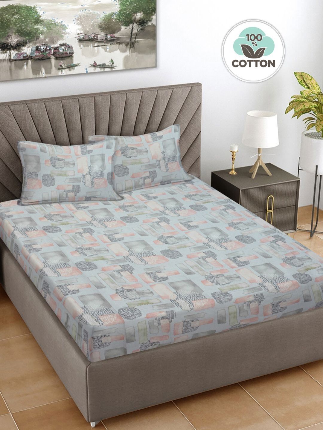 FABINALIV Grey & Peach-Coloured Geometric 300 TC King Bedsheet with 2 Pillow Covers-image-19
