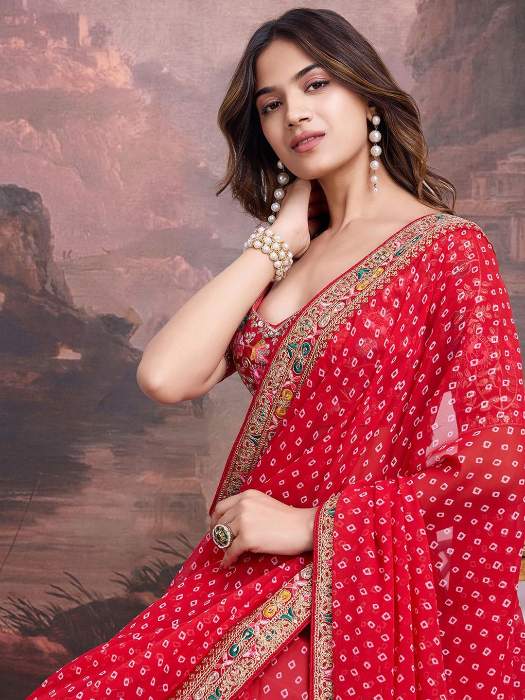 House of Pataudi Embroidered Bandhani Saree With Blouse Piece-image-41