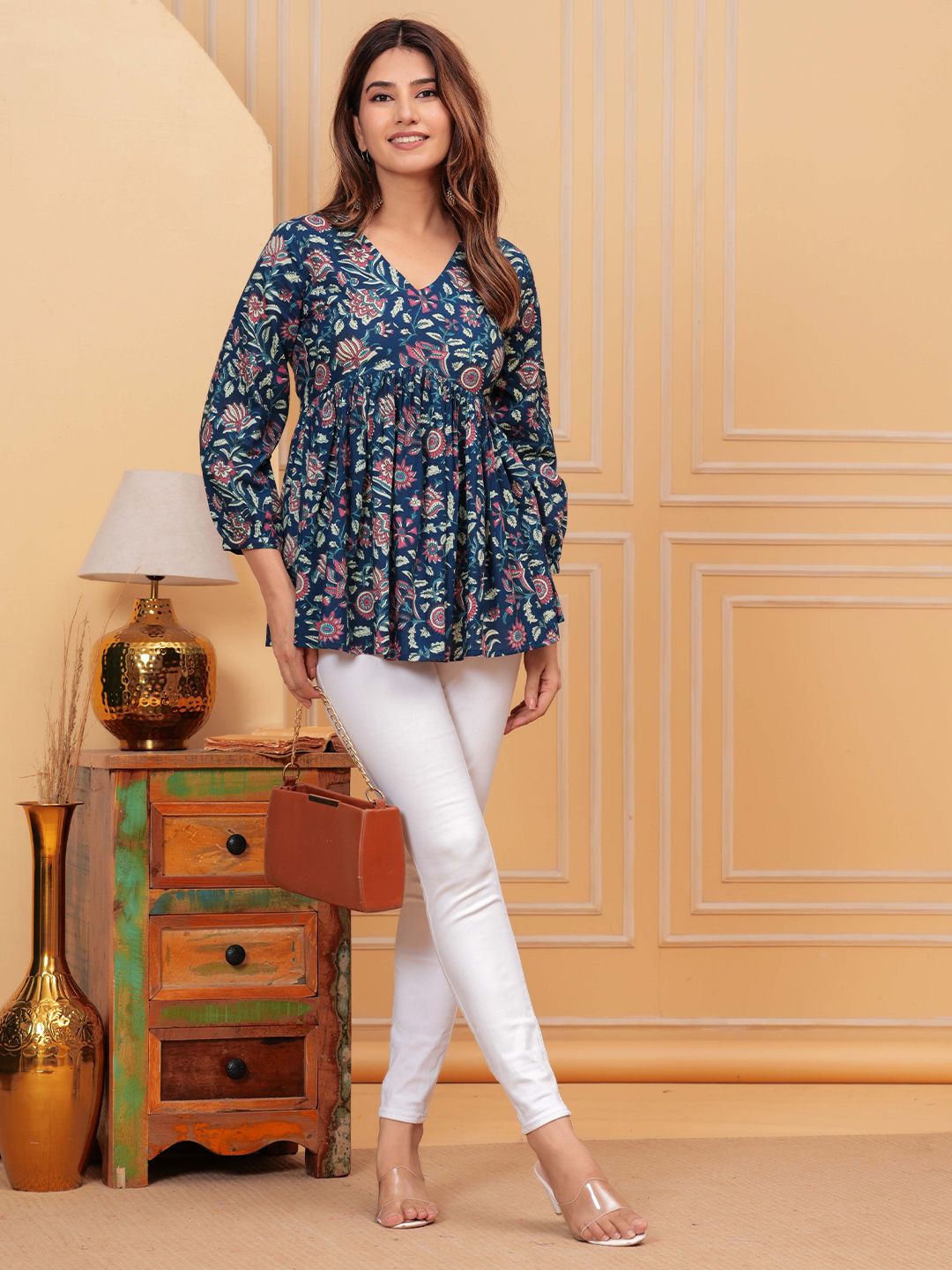 Buy Mizaz Women Floral Printed V-Neck Cotton Top - Tops for Women