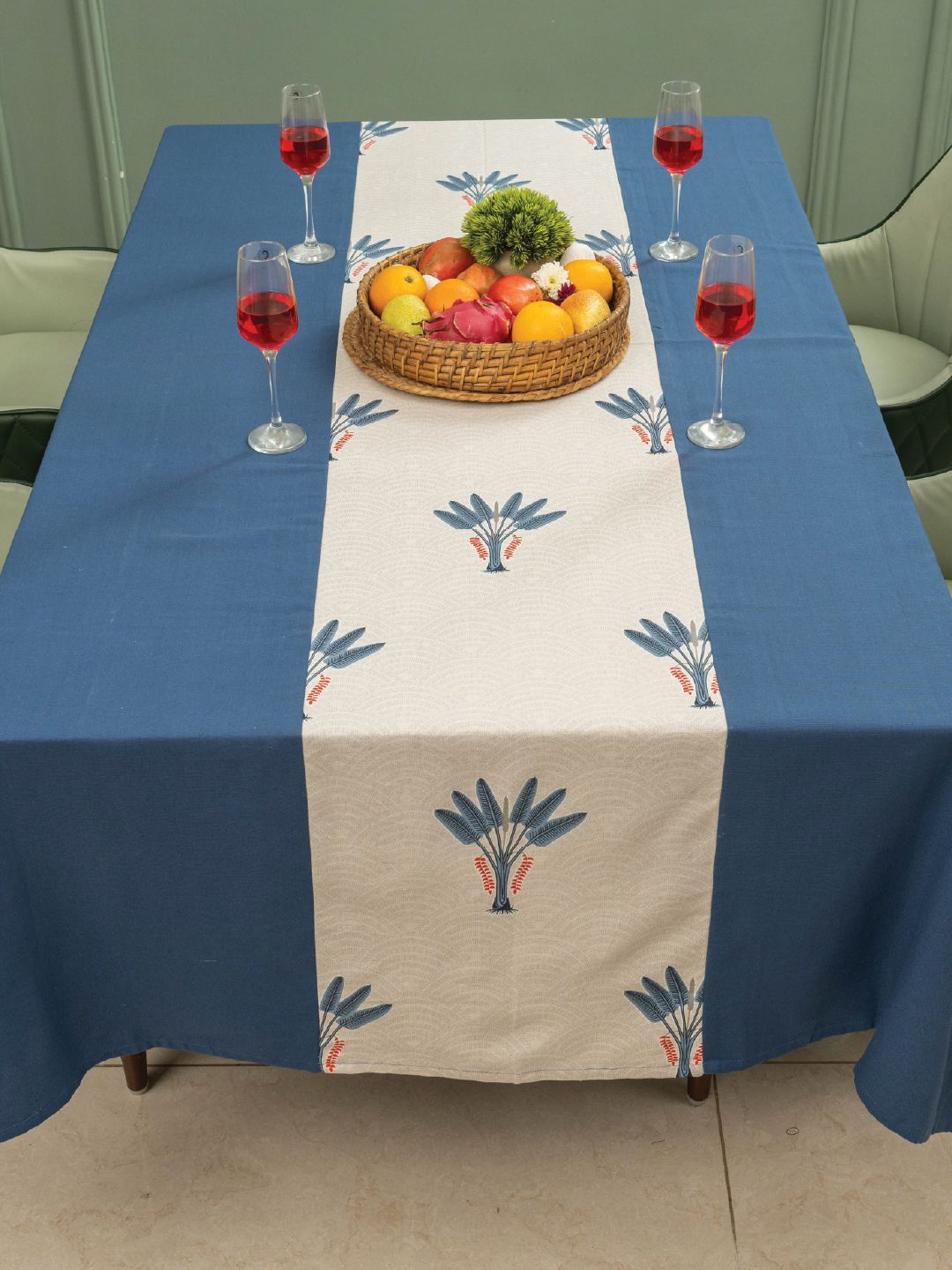 URBAN SPACE Blue & White Floral Anti-Slip Cotton 6-Seater Table Cover-picture-29