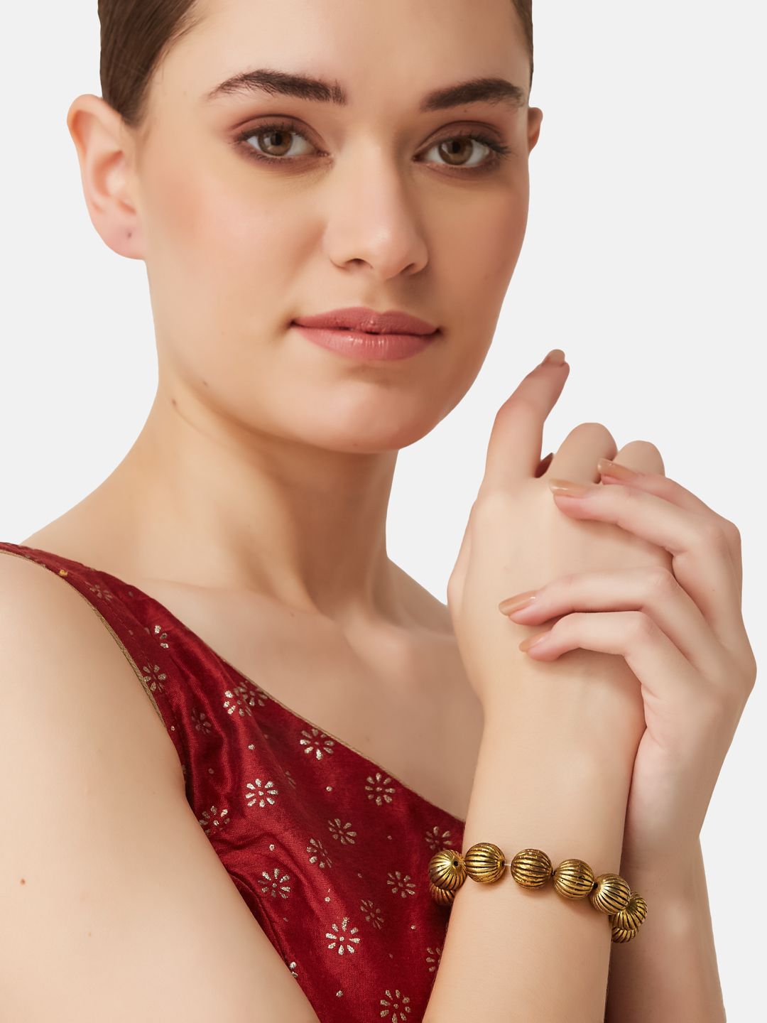 ATIBELLE Gold-Plated Textured Round-Shaped Elasticated Bracelet