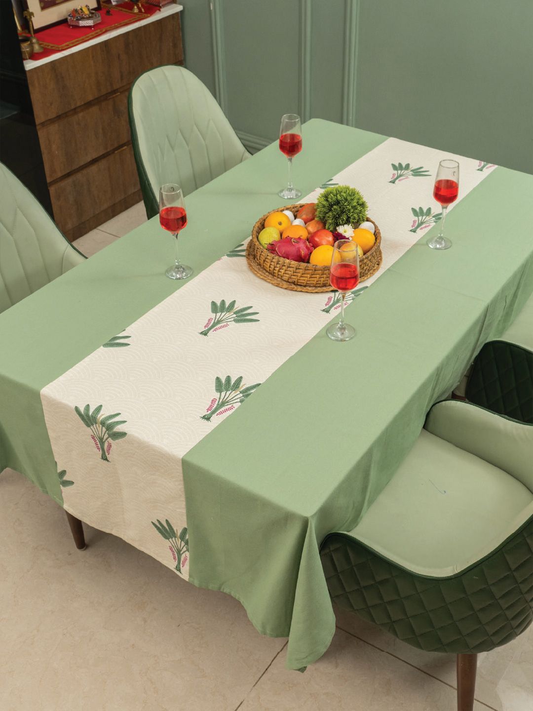 URBAN SPACE Green & White Floral Anti-Slip Cotton 6-Seater Table Cover-picture-27