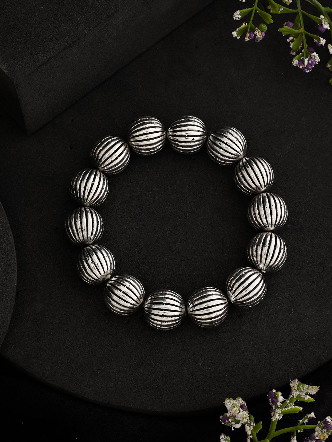 ATIBELLE Silver-Plated Beaded Elasticated Bracelet