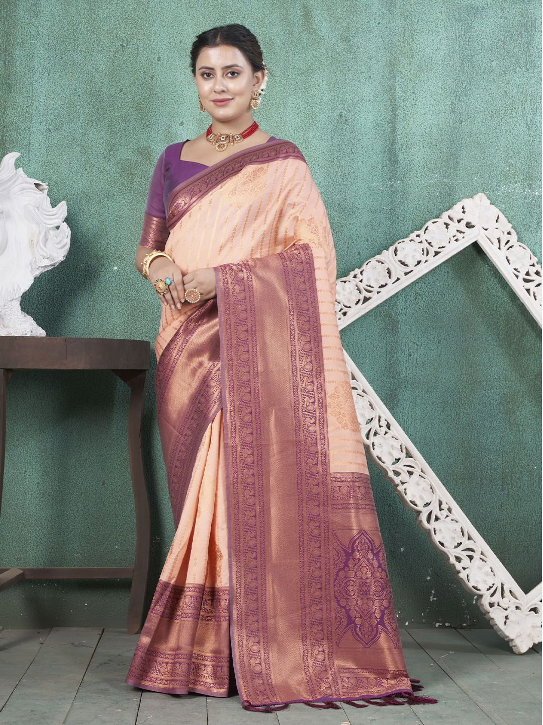 Red Woven Ethnic Kanjeevaram Handloom Saree with Zari Ethnic Motifs
