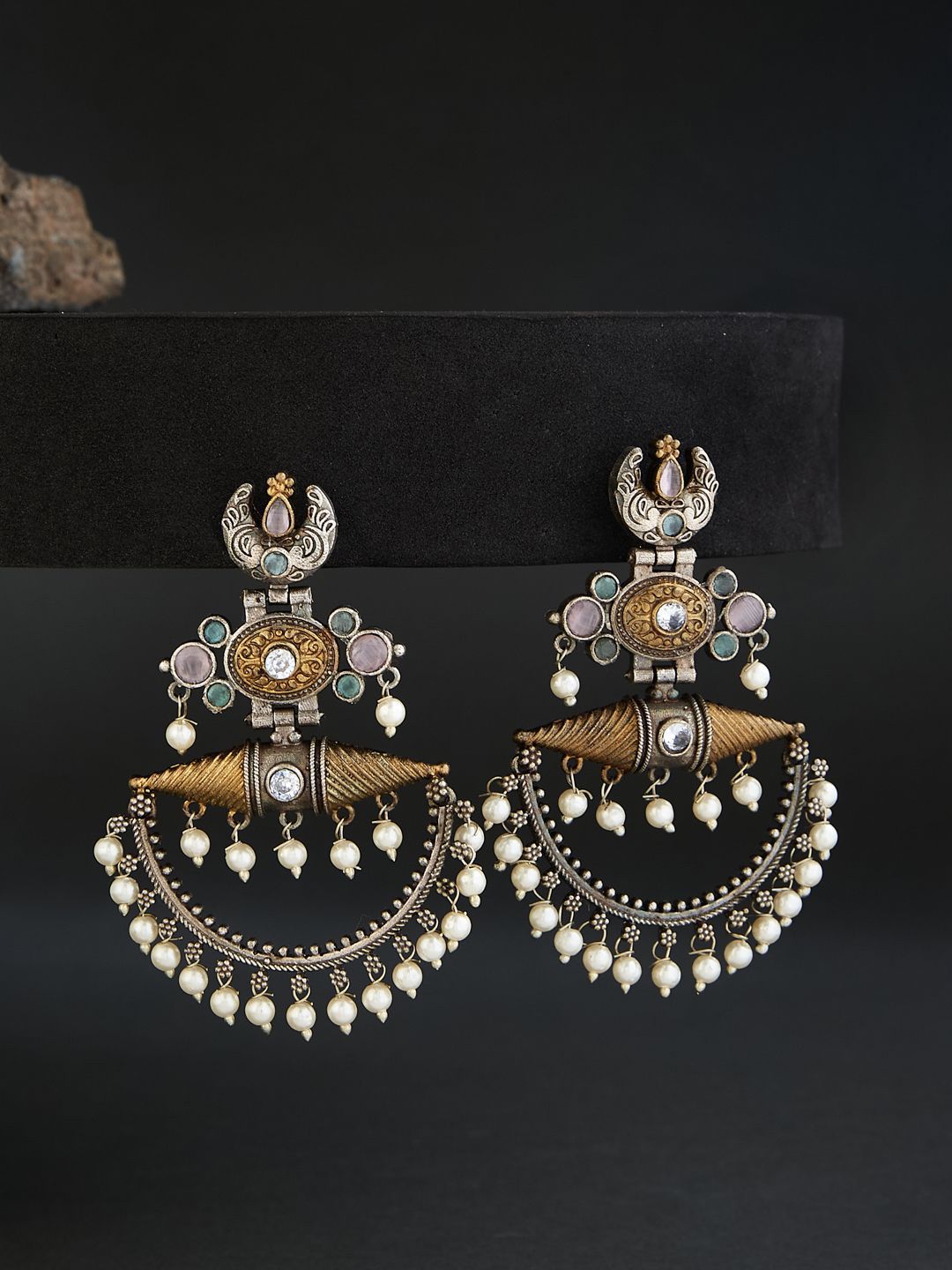 ATIBELLE German Silver Plated Contemporary Stone and Beaded Studded Drop Earrings