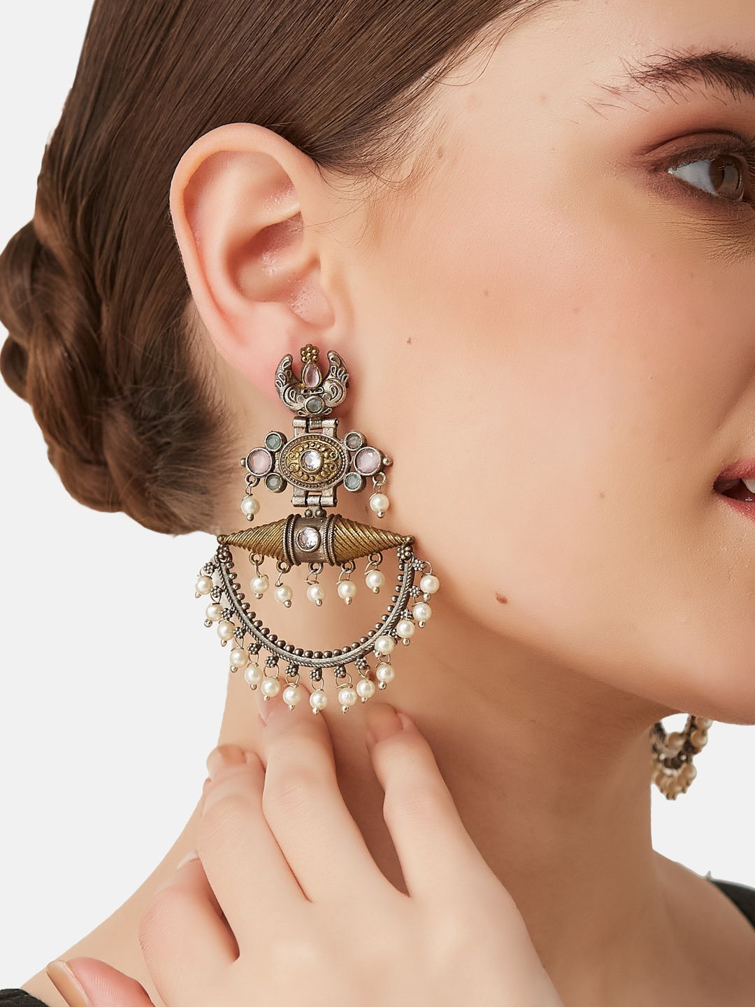 ATIBELLE German Silver Plated Contemporary Stone and Beaded Studded Drop Earrings