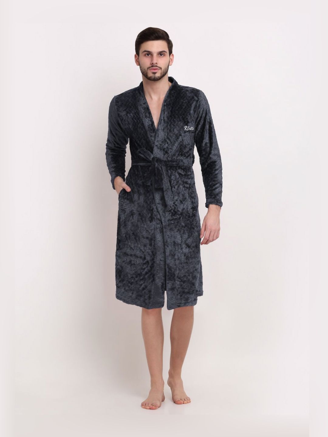 Men Grey Self Design Wool Bath Robe With Belt-image-36