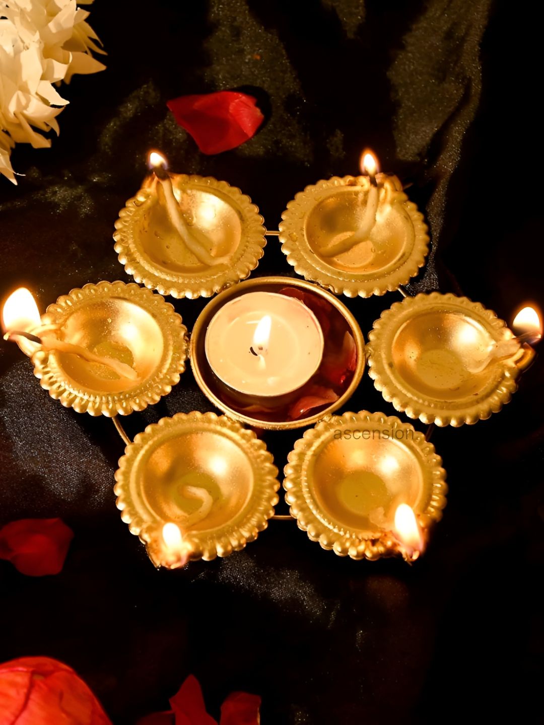 Ascension Gold Toned  Metal Decorative Urli Bowl With Attached Diyas-picture-28