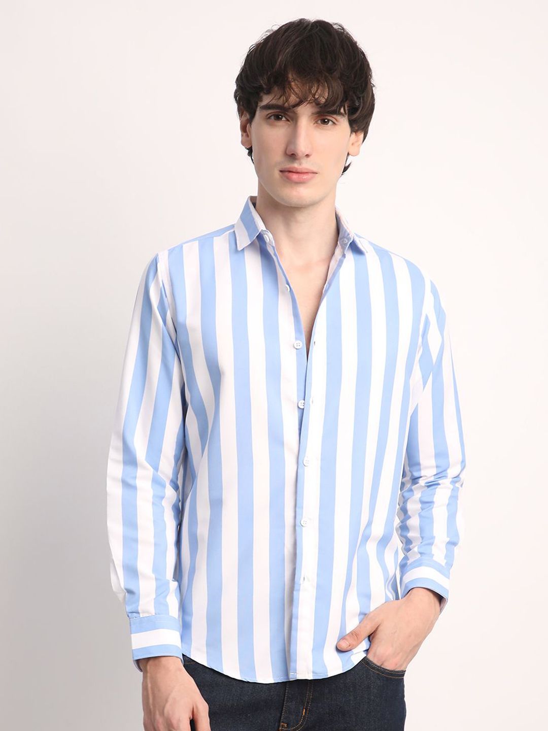 Voroxy Men Premium Spread Collar Vertical Striped Cotton Casual Shirt-picture-10