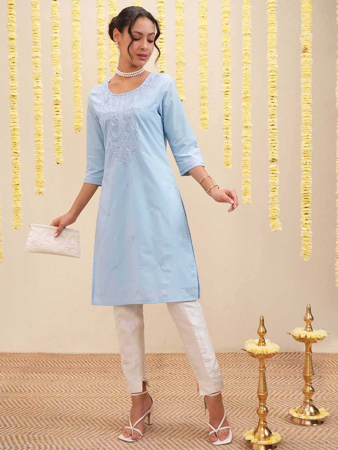 Women's Grey Striped Woven Design Thread Work Straight Kurta