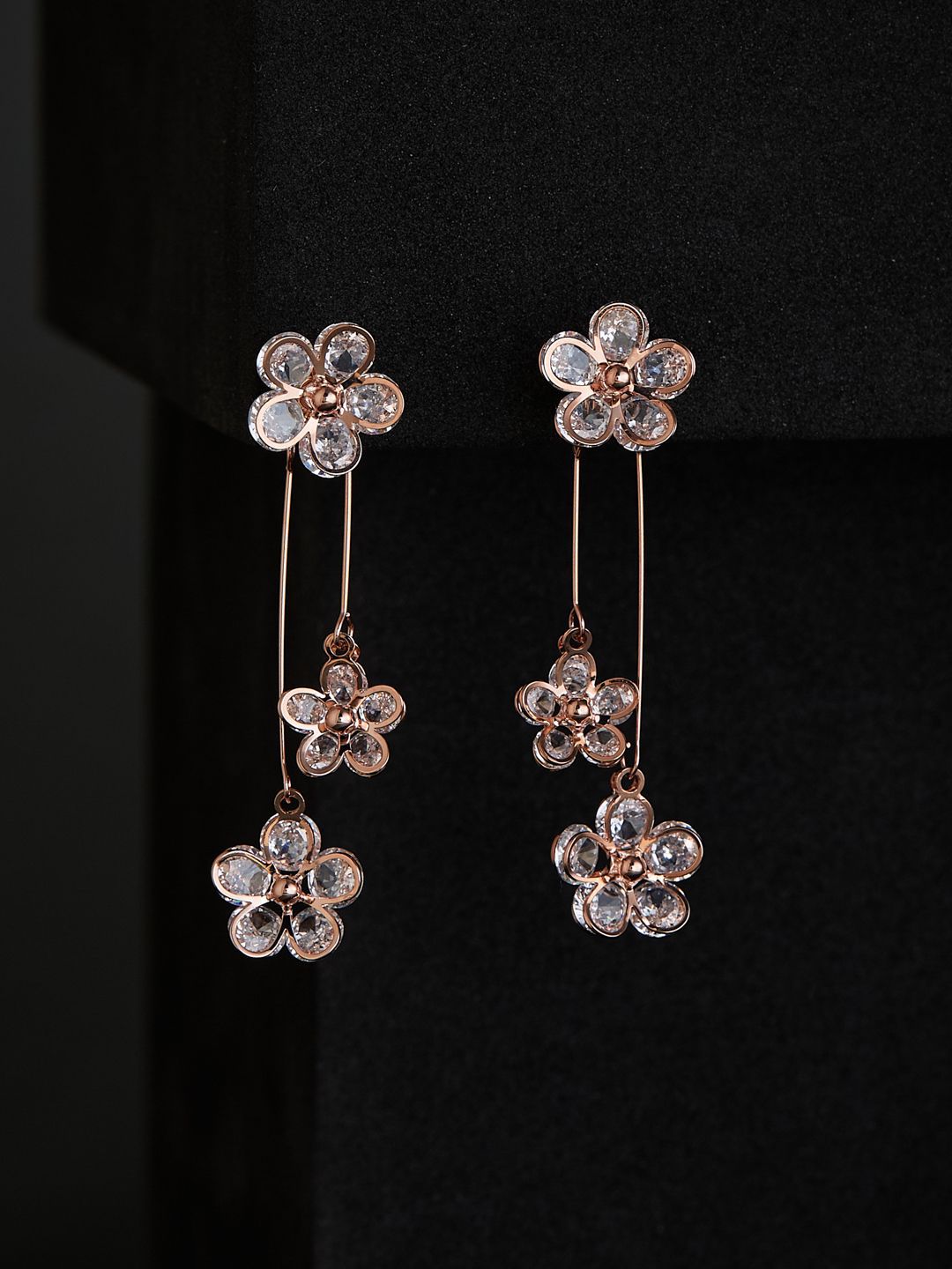 ATIBELLE Rose Gold Plated Stone Studded Floral Drop Earrings